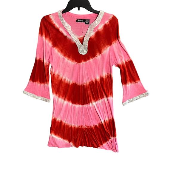 Raviya Swim Coverup Womens Small Red Pink Tie Dyed Sequin Neck Lower Sleeve New - Picture 1 of 7
